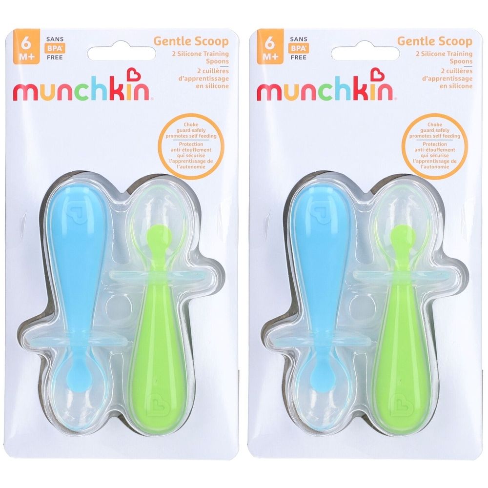 Twee blauwe en groene babylepels in verpakking. Merk: munchkin. BPA-vrij. Geschikt vanaf 6 maanden. Opschrift: Gentle Scoop.