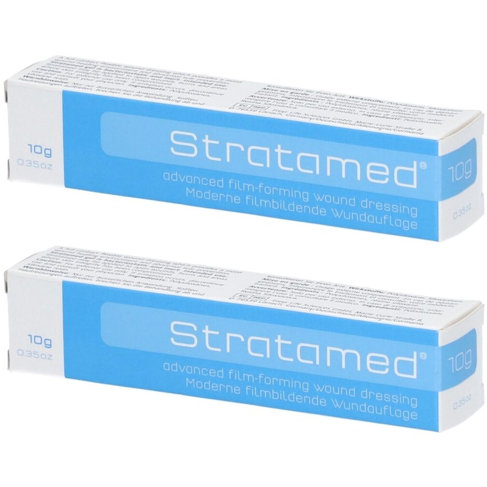 Twee verpakkingen Stratamed®: 10g, geavanceerd filmvormend wondverband.