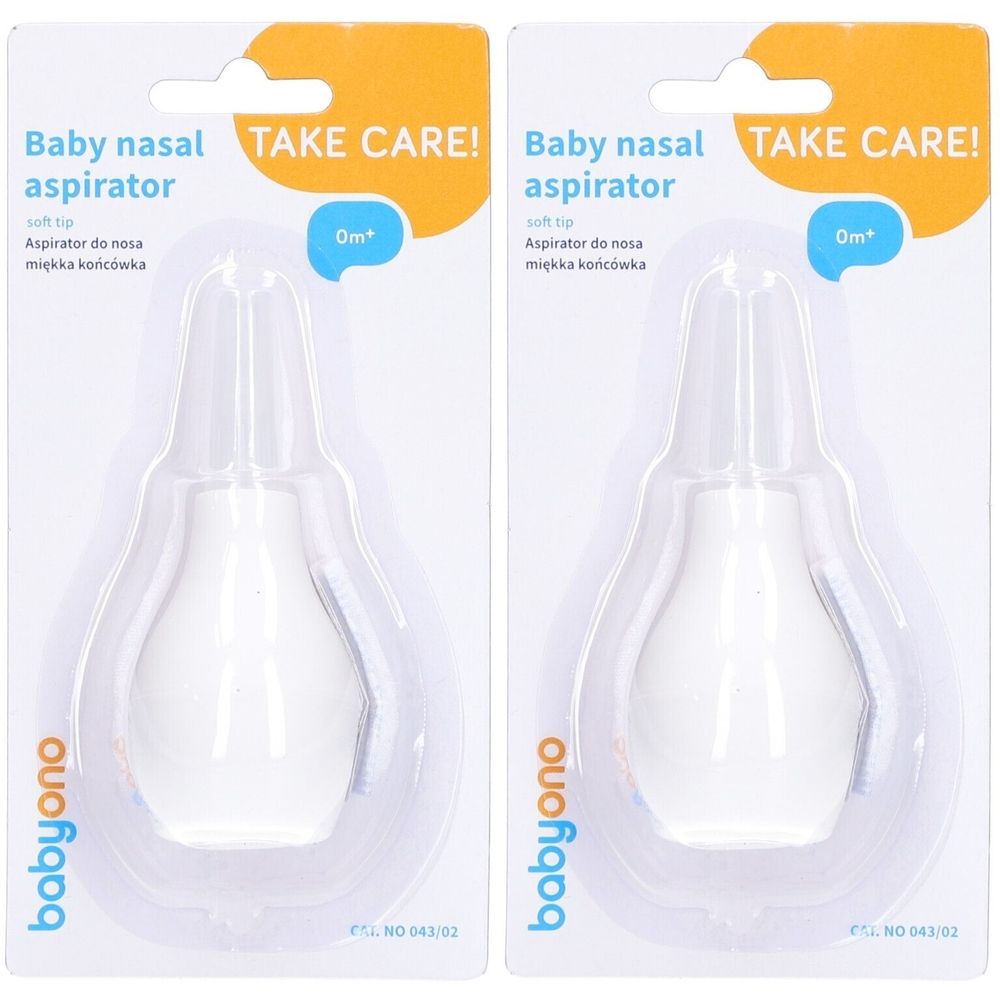 Twee Babyono neuszuigers in blisterverpakking. Wit product met zachte punt. Opschrift: Baby nasal aspirator, TAKE CARE!, 0m+.