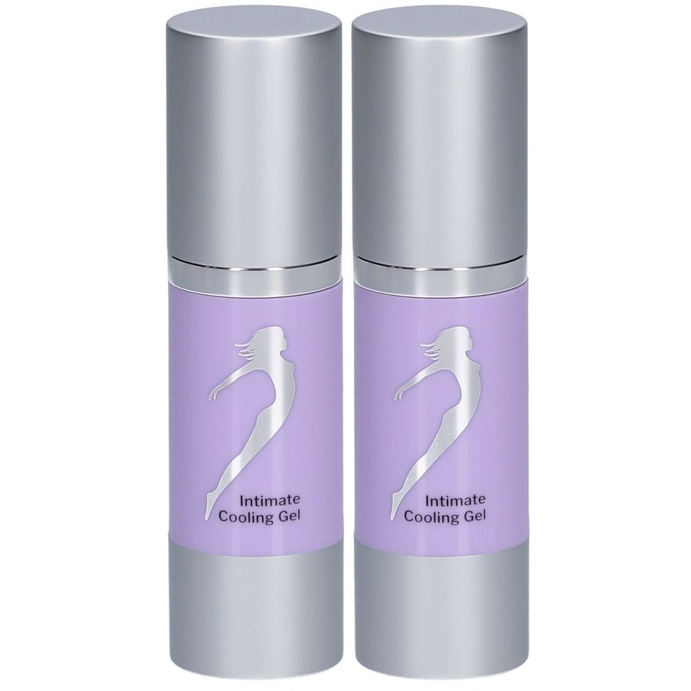 Twee cilindrische flessen met zilveren doppen. Op het lila etiket staat een schets van een vrouw en de tekst "Intimate Cooling Gel".