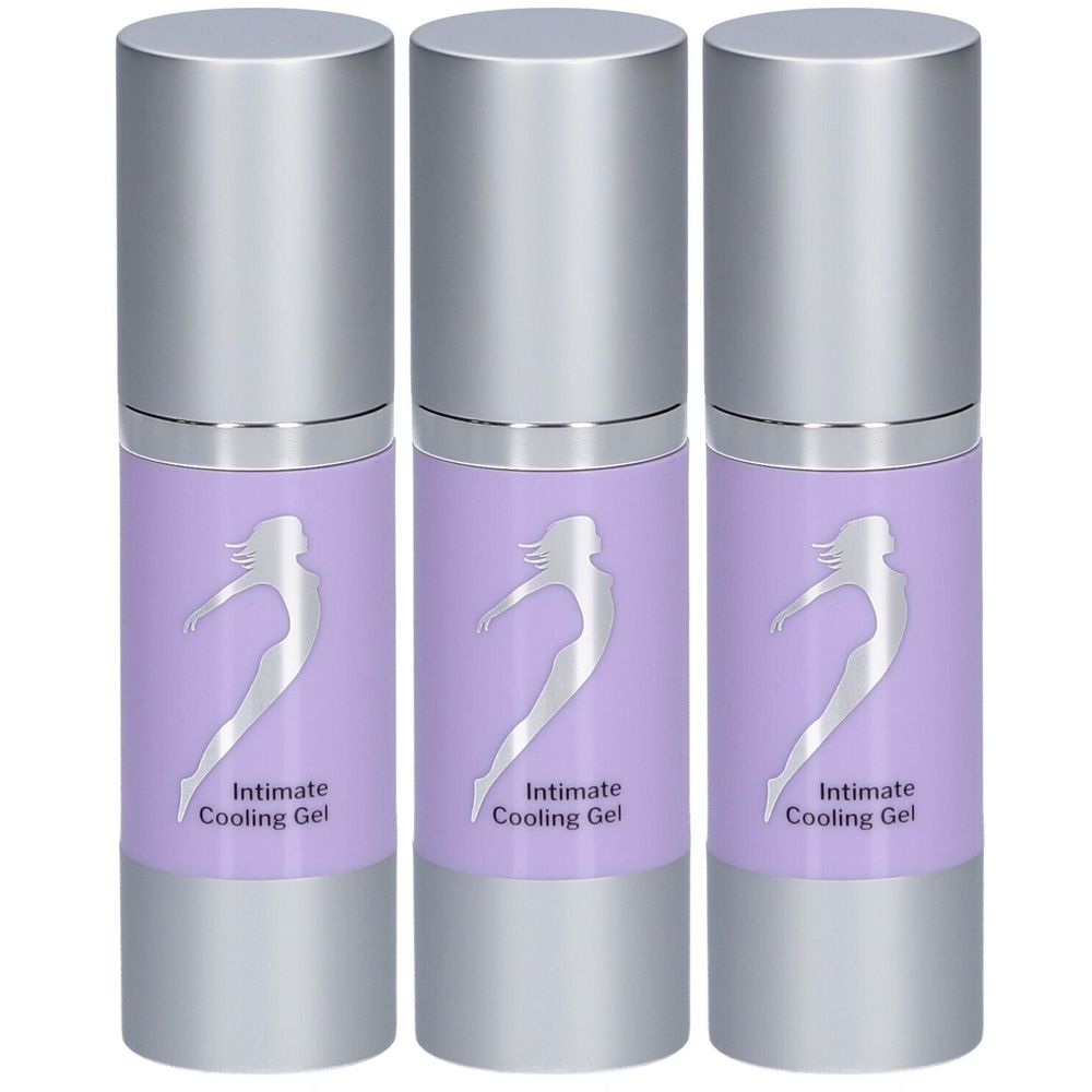 Trois flacons cylindriques avec des bouchons argentés et des étiquettes violettes. Une femme est représentée sur les étiquettes, avec "Intimate Cooling Gel" en dessous.