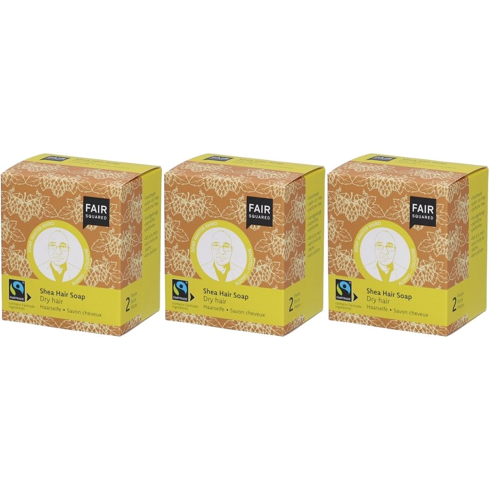 Drie vierkante dozen. Opschrift: FAIR SQUARED, logo, afbeelding, Shea Hair Soap Dry Hair, Fairtrade-keurmerk, 2.