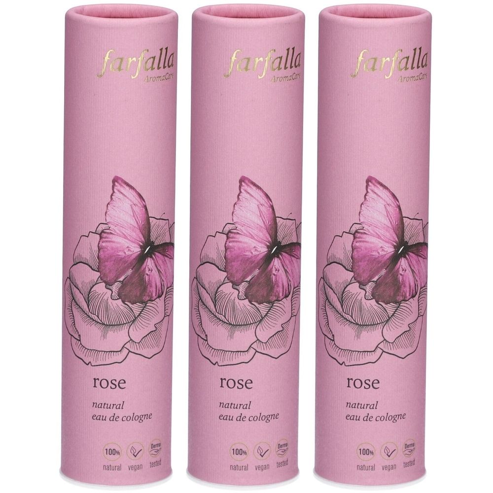 Trois emballages cylindriques roses. Impression: papillon sur fleur, inscription "farfalla", "rose", "natural eau de cologne".
