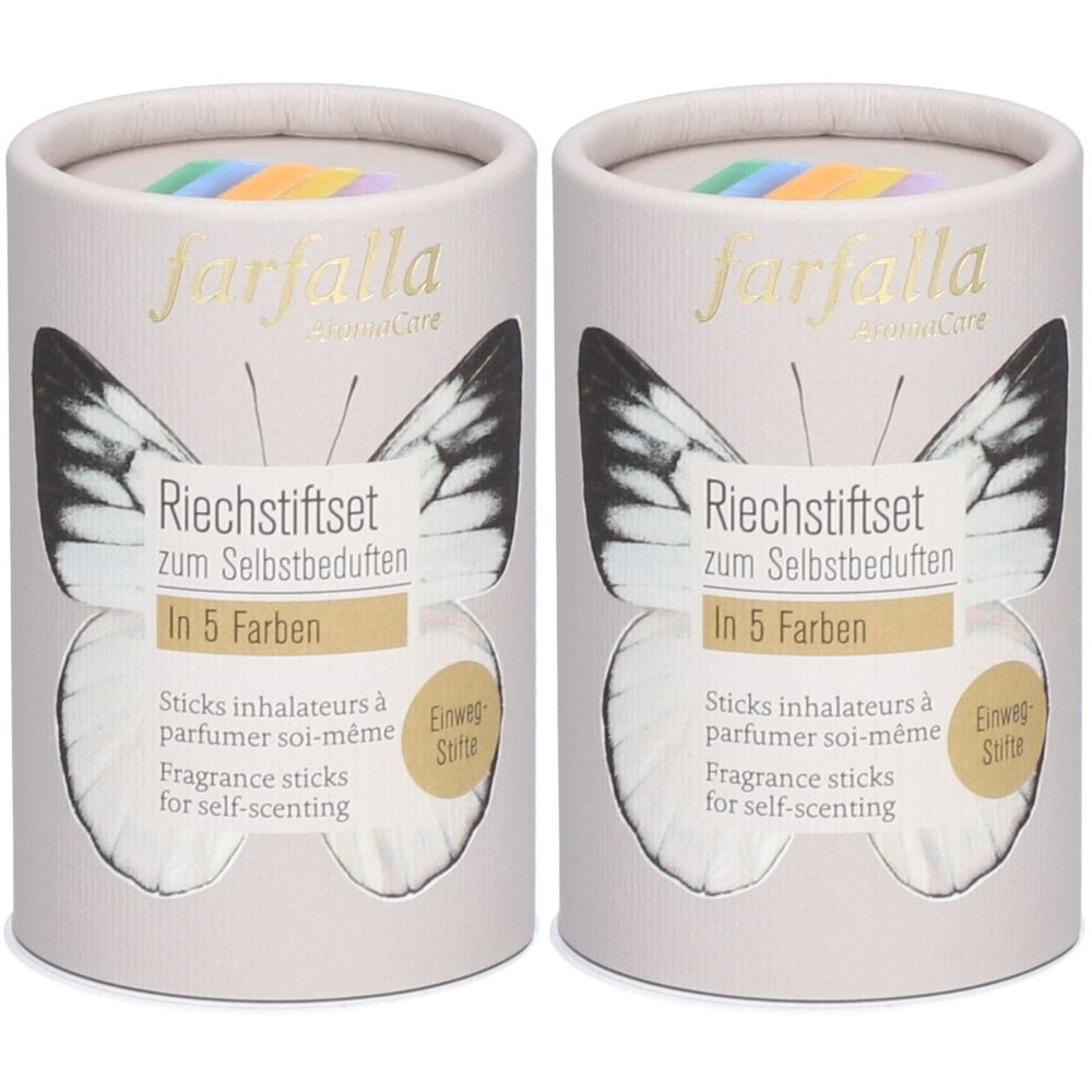Twee cilindrische dozen met "farfalla" logo. Opschrift: vlinder, "Riechstiftset", "In 5 Farben".