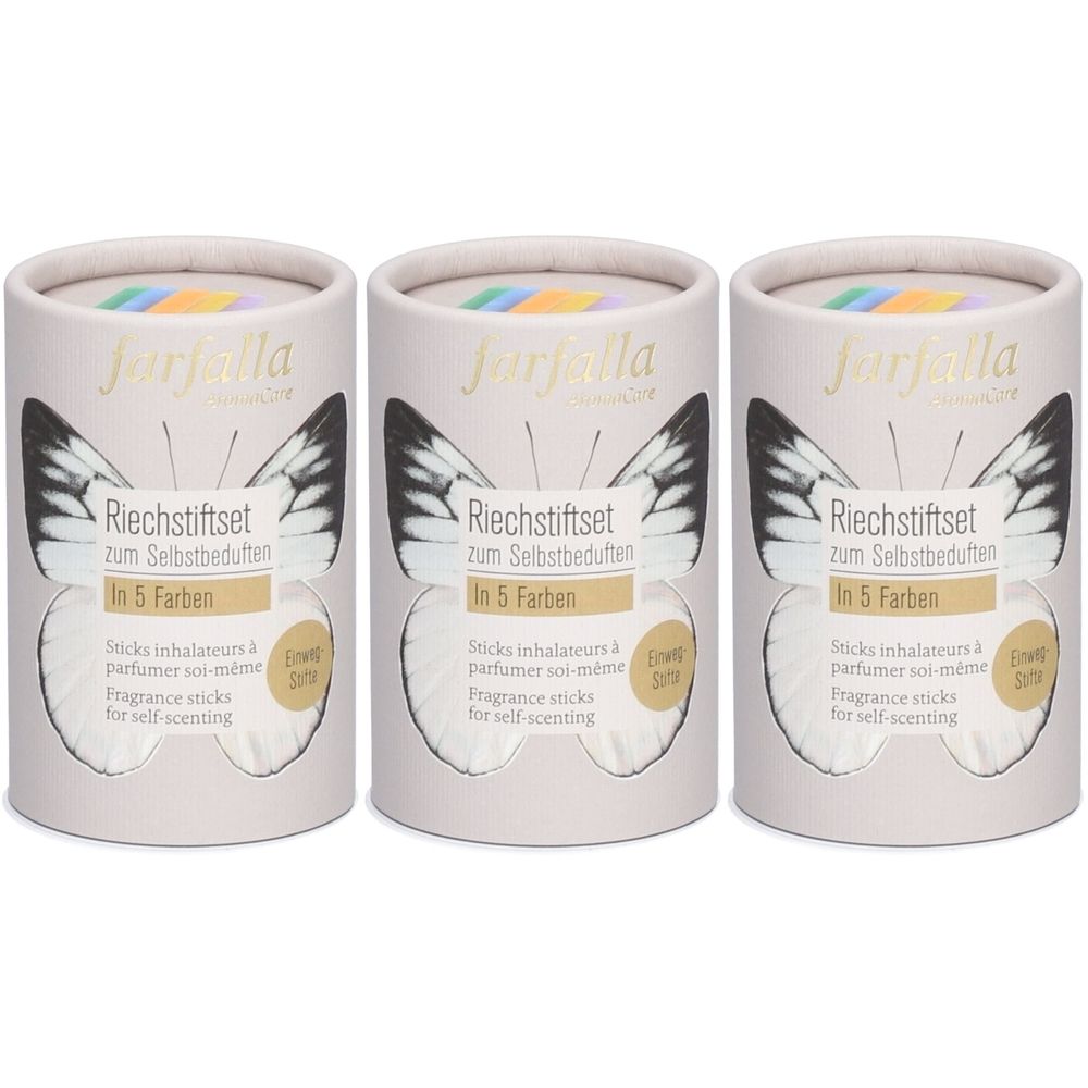 Drie cilindervormige containers. Opdruk: vlinder, tekst 'farfalla', 'Riechstiftset', 'In 5 Farben'.