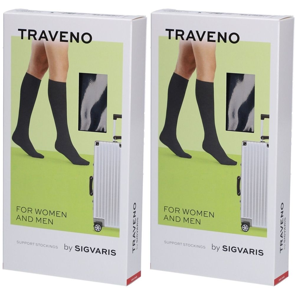 Twee productverpakkingen. Op elke verpakking zijn compressiekousen afgebeeld. Opschrift: TRAVENO, FOR WOMEN AND MEN, SUPPORT STOCKINGS by SIGVARIS.