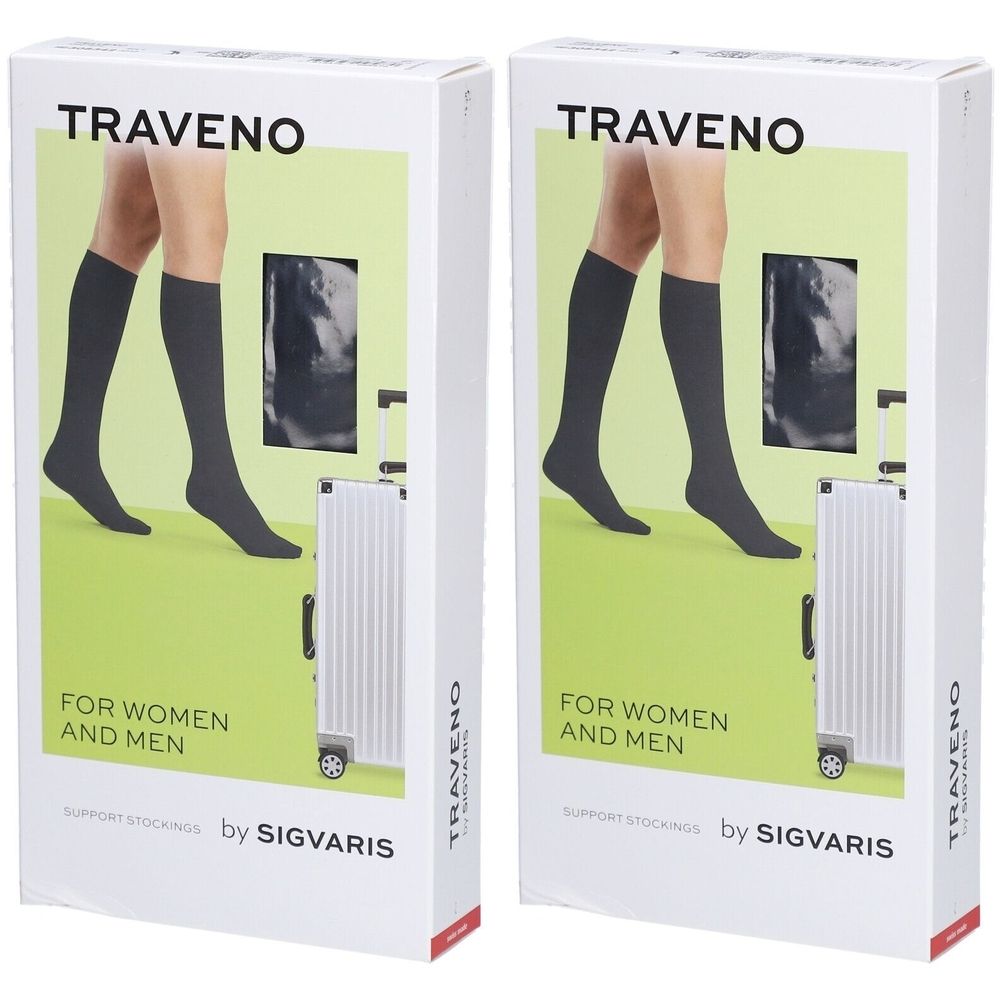 Twee productverpakkingen met kniekousen. Opschrift: TRAVENO, FOR WOMEN AND MEN, by SIGVARIS. Venster met kousen.