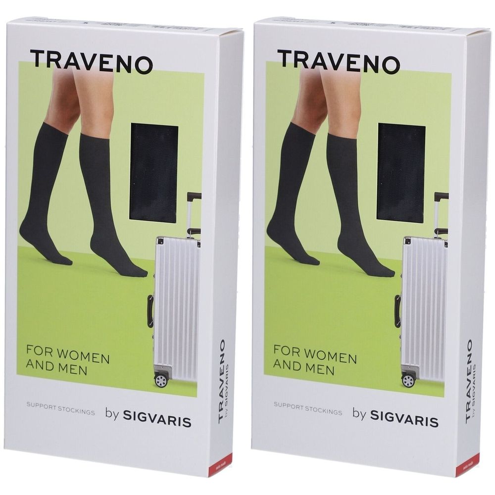 Deux boîtes de produit. Impression : TRAVENO, illustration de jambes avec des bas, FOR WOMEN AND MEN, by SIGVARIS.