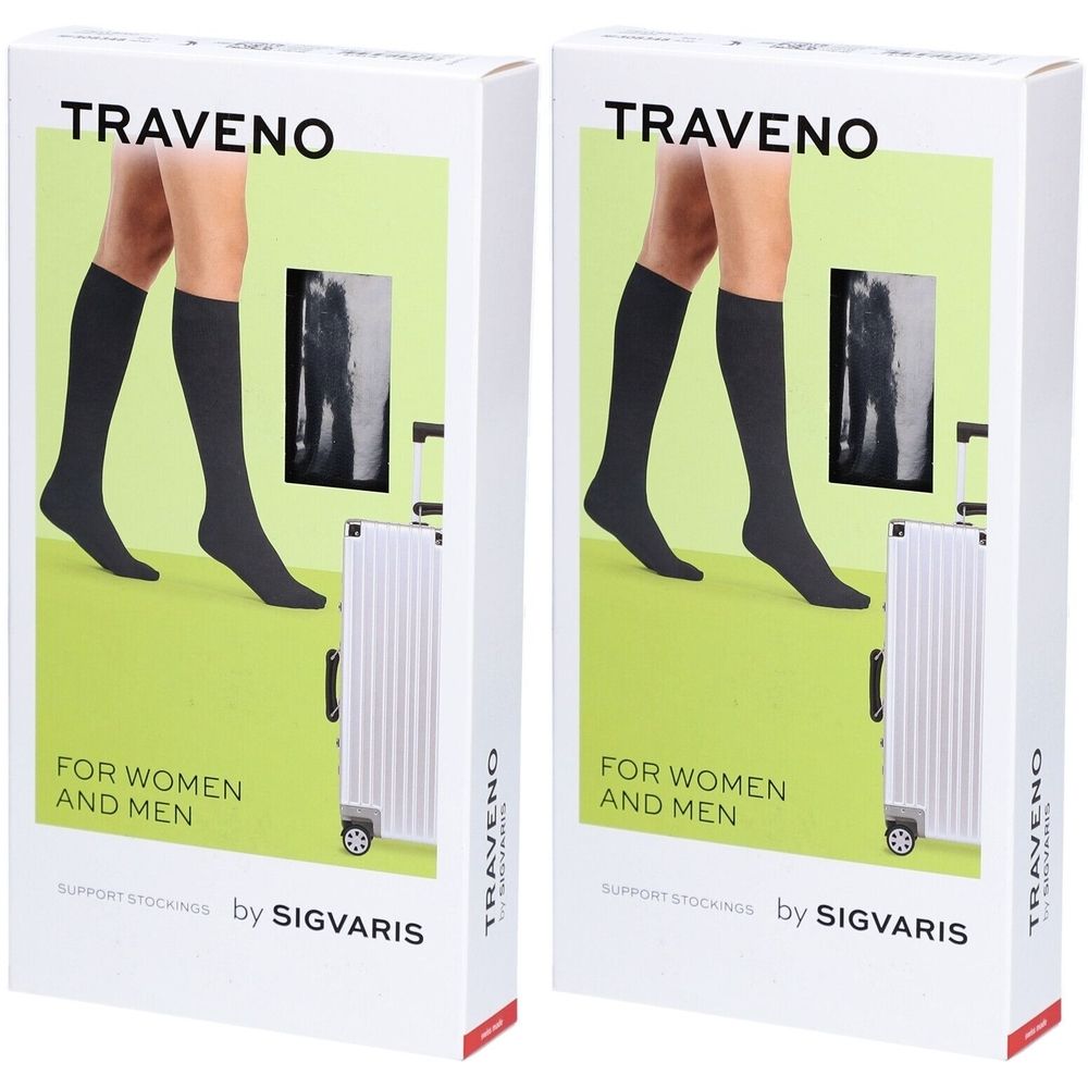 Deux boîtes de produit. Impression : TRAVENO, bas, image de jambes avec bas, texte : FOR WOMEN AND MEN, by SIGVARIS.