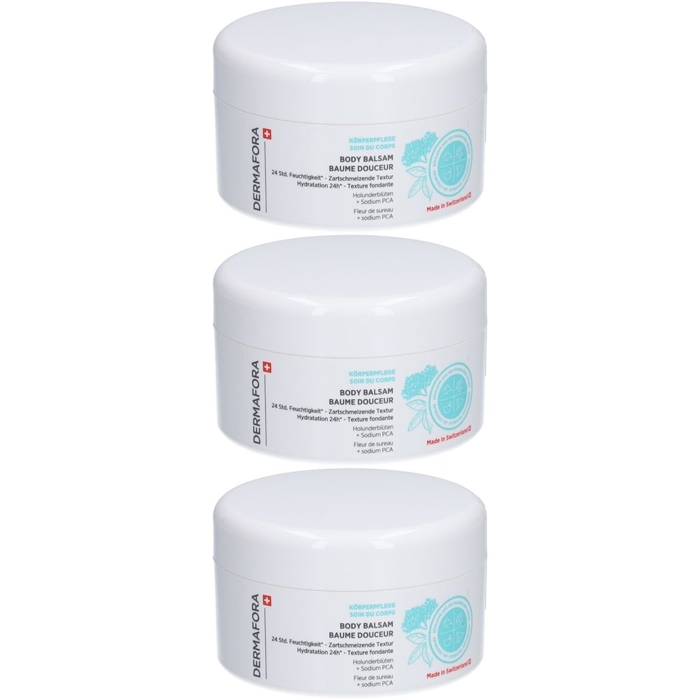 Drie witte potten met deksels. Opschrift: DERMAFORA, BODY BALSAM, BAUME DOUCEUR. Turkoois design.