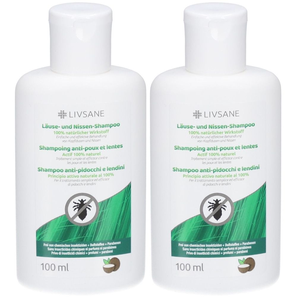 Twee witte flessen LIVSANE shampoo tegen luizen en neten. Opschrift: Shampoo anti-luizen en neten, 100% natuurlijk. Groen design en logo.
