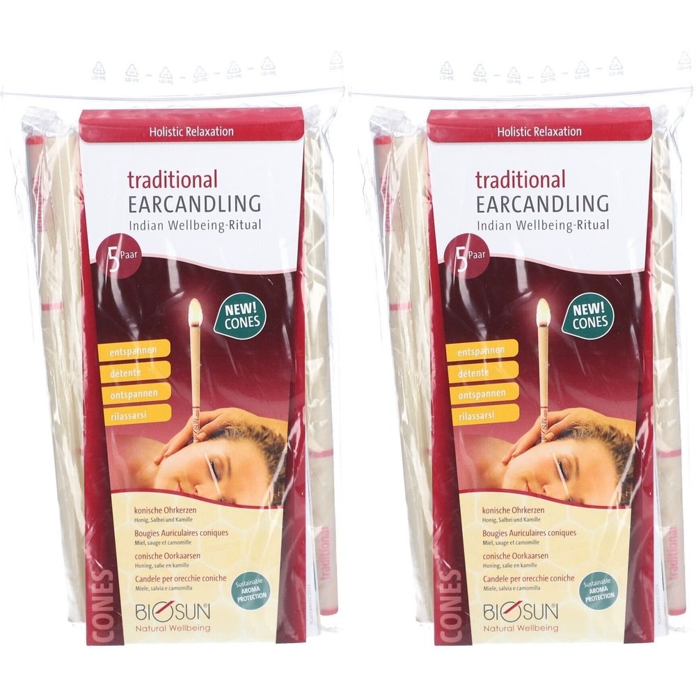 Deux paquets de bougies auriculaires dans un emballage plastique. Inscription : "traditional EARCANDLING", "BIOSUN".