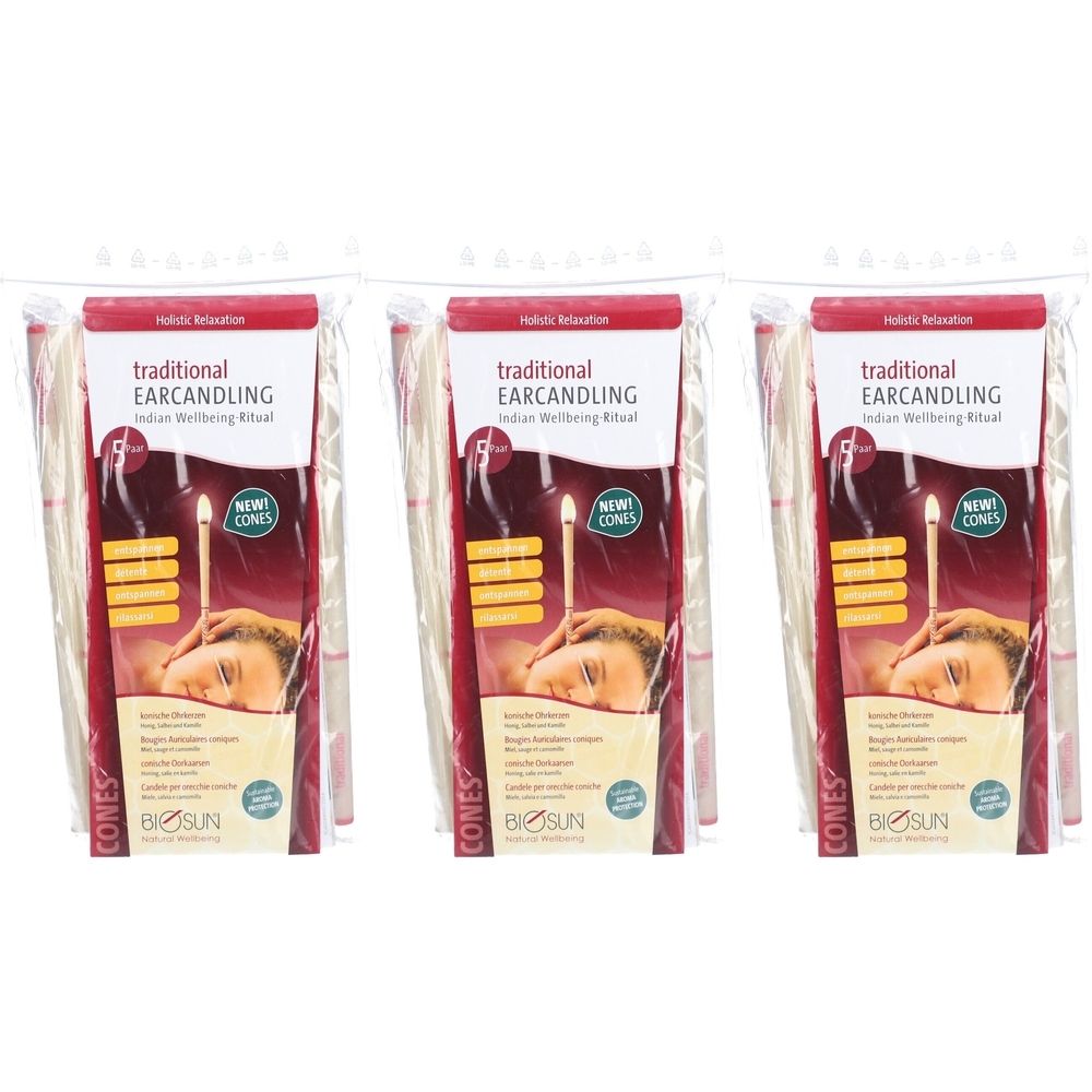 Trois paquets de bougies auriculaires dans un emballage plastique. Chaque paquet affiche le produit, une personne et du texte. Marque BIOSUN.