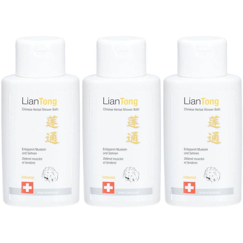 Trois flacons blancs avec bouchon rabattable. Inscription LianTong, caractères chinois, texte en allemand et français, croix suisse.