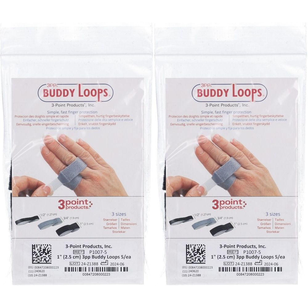 Twee transparante zakjes met vingerverbanden. Op de verpakking is een vinger met verband afgebeeld. Tekst: Buddy Loops, 3 Point Products.