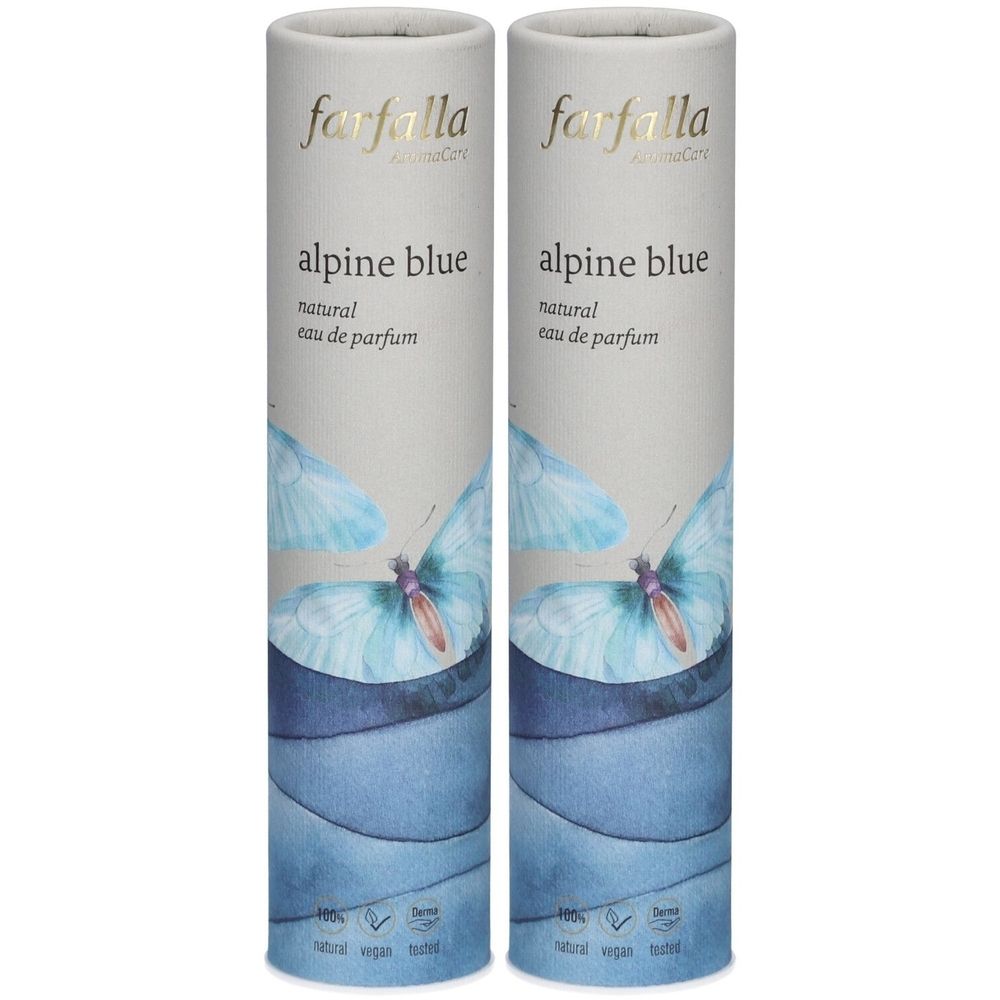 Deux emballages cylindriques. Inscription : Farfalla, Alpine Blue, natural eau de parfum. Illustration : papillon et vagues bleues.