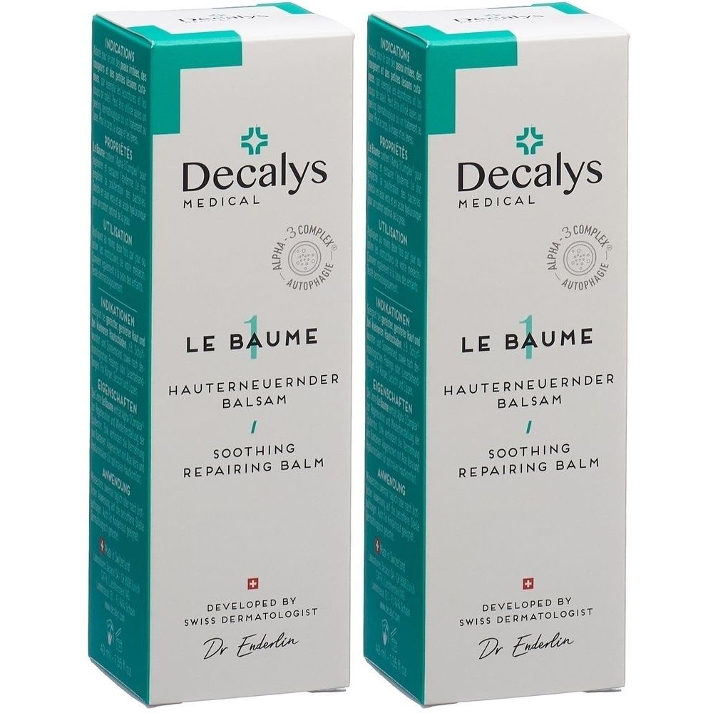 Deux boîtes rectangulaires. Inscription: Decalys Medical, Le Baume, Baume réparateur cutané. Développé par un dermatologue suisse.