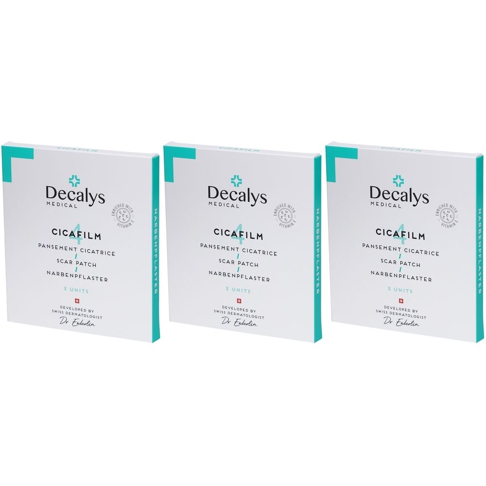 Drie vierkante verpakkingen. Opschrift: Decalys Medical, Cicafilm, littekenpleister. Turquoise accent. 6 eenheden.