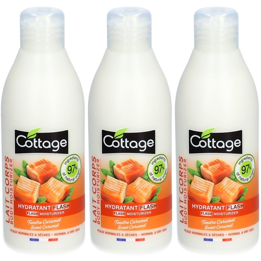 Drie witte flessen met witte doppen. Opschrift: Cottage, HYDRATANT FLASH, Tendre Caramel. 97% ingrediënten van natuurlijke oorsprong.