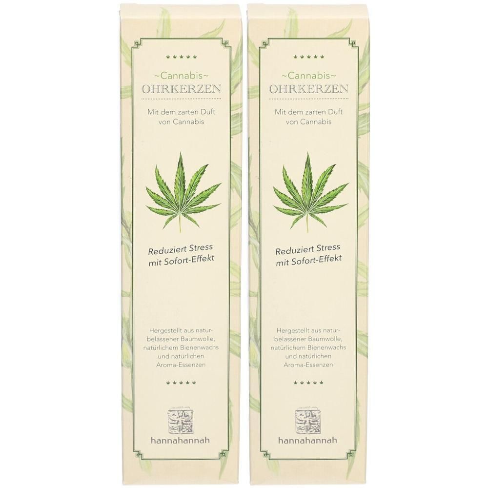 Twee langwerpige dozen. Opdruk: Cannabis Ohrkerzen, wietblad, tekst. Merk: hannahannah.