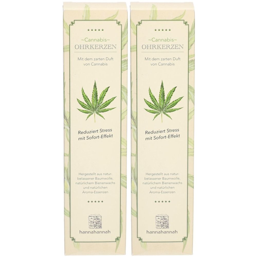 Twee langwerpige dozen. Opdruk: Cannabis Ohrkerzen, wietblad, tekst. Merk: hannahannah.