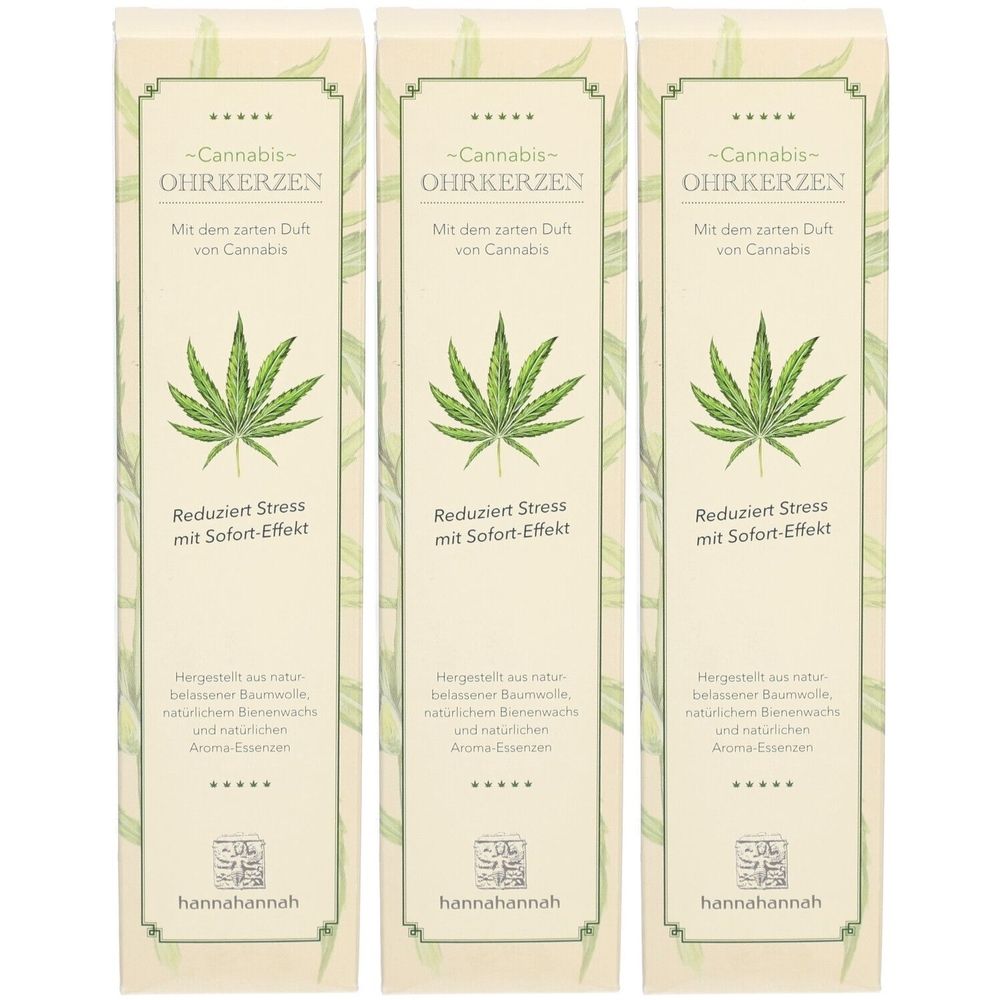 Trois boîtes d'Ohrkerzen. Sur chaque boîte: Ohrkerzen au cannabis, feuille de cannabis, texte. Marque: hannahannah.