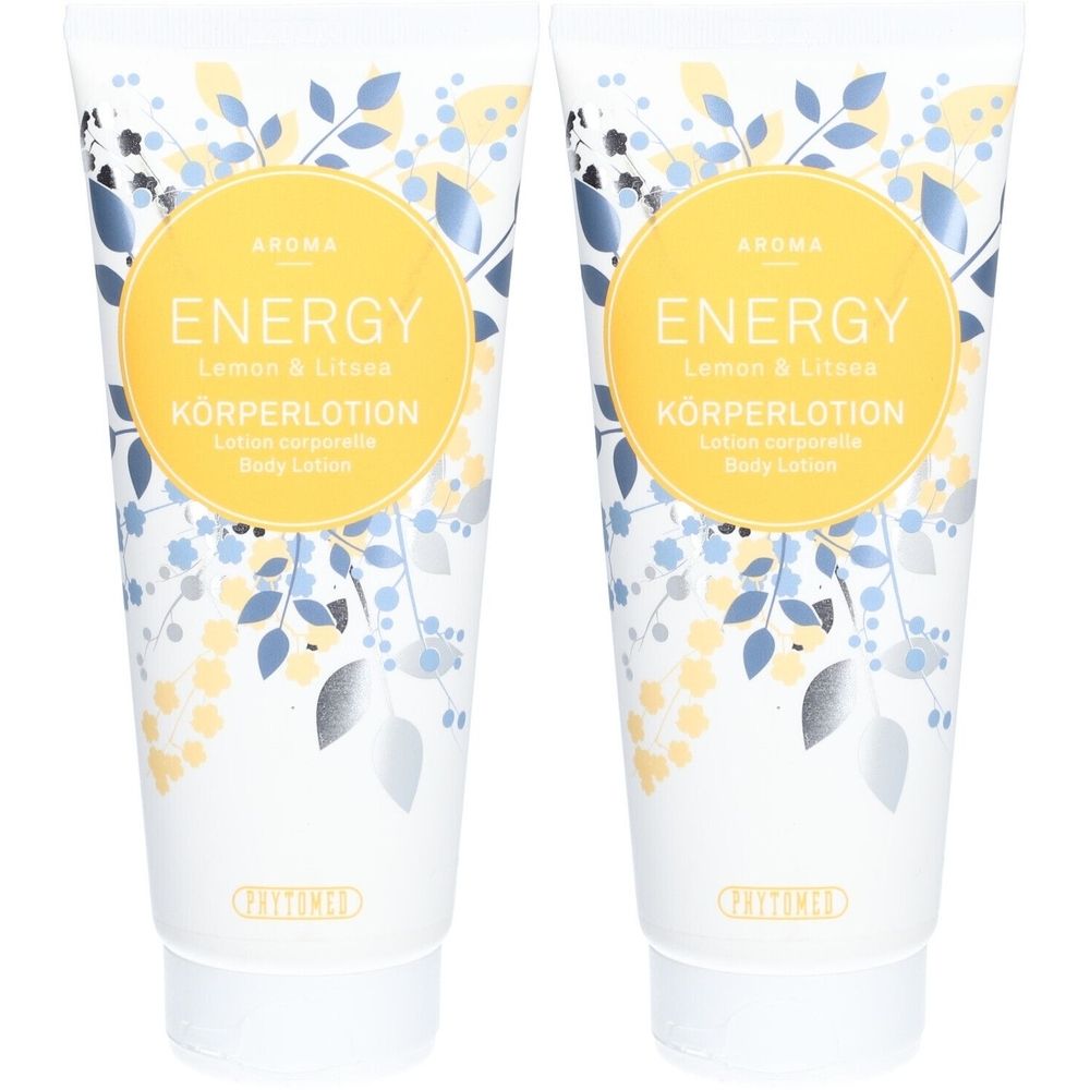 Twee tubes bodylotion. Opschrift: ENERGY, Lemon & Litsea, Körperlotion. Bloemenpatroon. Wit, geel, blauw.