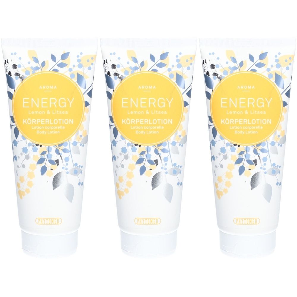 Drie tubes bodylotion. Opschrift: ENERGY, Citroen & Litsea, Körperlotion, Body Lotion. Bloemenpatroon, gele cirkel.
