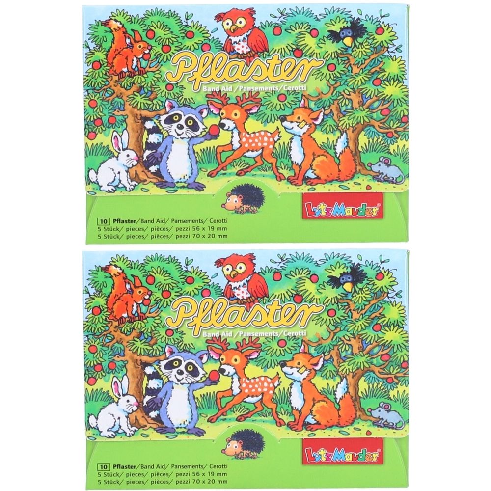 Deux boîtes de pansements pour enfants avec des animaux de la forêt. Inscription "Pflaster". Contient 10 pansements, 56 x 19 mm et 70 x 20 mm. Marque : Lutz Mauder.