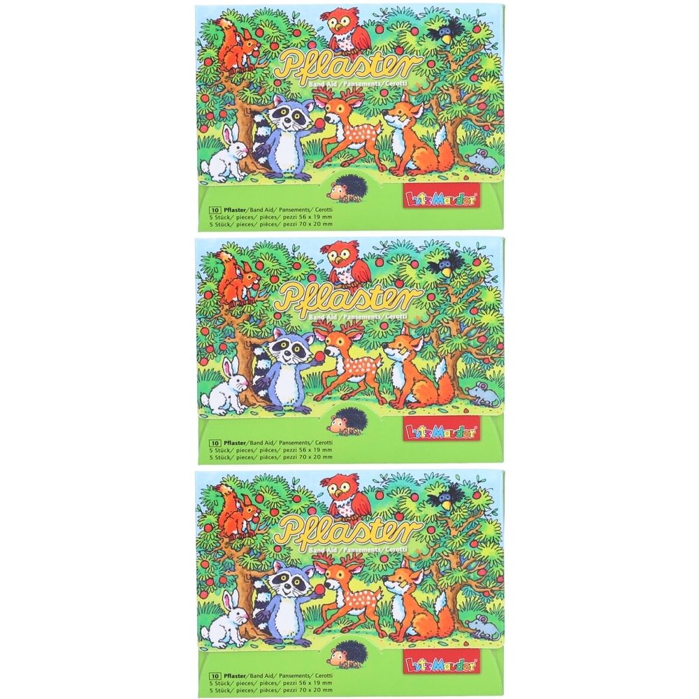 Drie verpakkingen pleisters met bosdierillustraties. Elke verpakking toont een boom met dieren zoals een wasbeer en een vos.