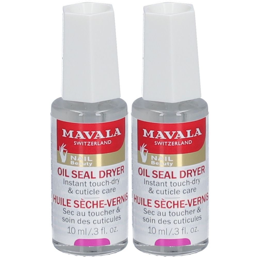 Deux flacons avec bouchons blancs. Inscription: MAVALA, OIL SEAL DRYER, HUILE SÈCHE-VERNIS. Liquide clair. 10 ml.