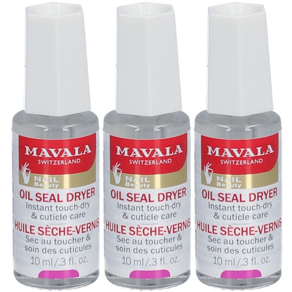 Drie flessen Mavala Oil Seal Dryer. Heldere vloeistof in glazen flessen met witte dop. Rode sticker met productinformatie.