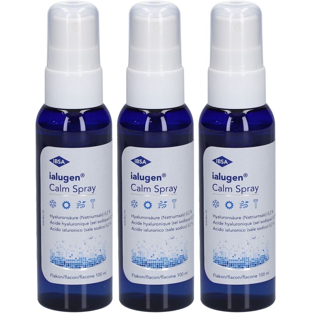 Drie blauwe sprayflessen met witte sproeikoppen. Op elke fles staat "ialugen Calm Spray" en "IBSA". 