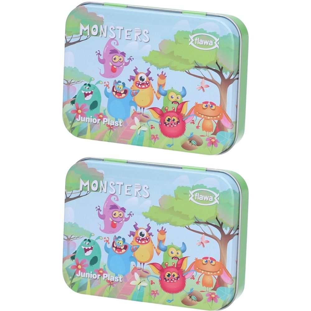 Deux boîtes en fer blanc avec motif "MONSTERS" et logo "flawa". Montre des personnages monstres colorés dans un paysage forestier.