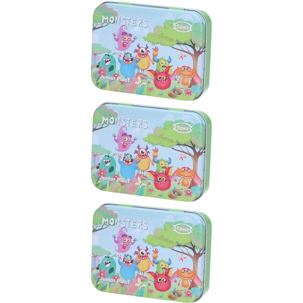 Trois boîtes métalliques rectangulaires illustrées de monstres colorés avec l'inscription "MONSTERS".