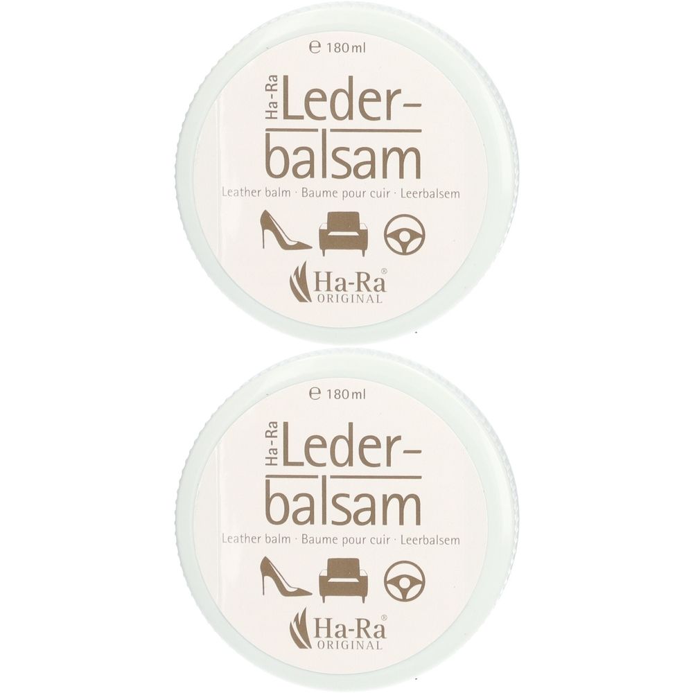 Deux pots ronds avec l'inscription « Lederbalsam ». En dessous, logos de chaussure, canapé et volant. Marque : Ha-Ra Original.