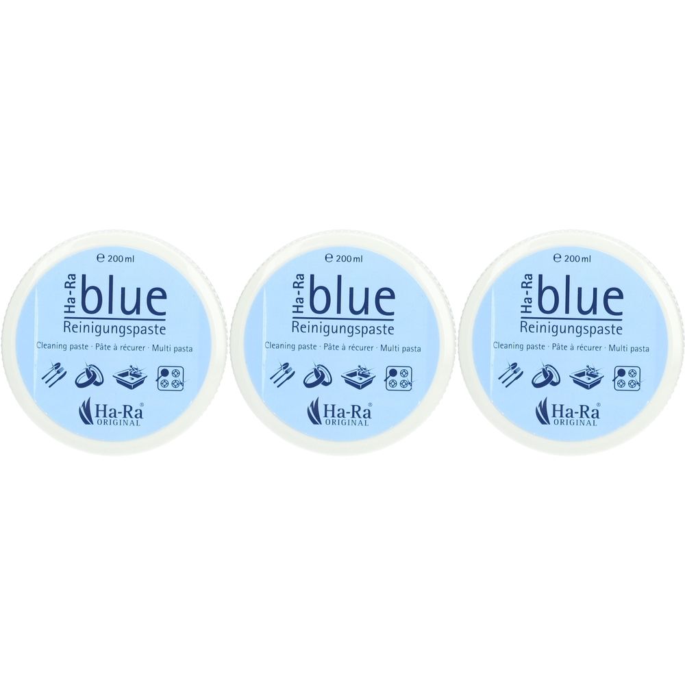 Drie ronde blauwe containers. Opschrift "blue Reinigungspaste". Daaronder "Ha-Ra ORIGINAL".
