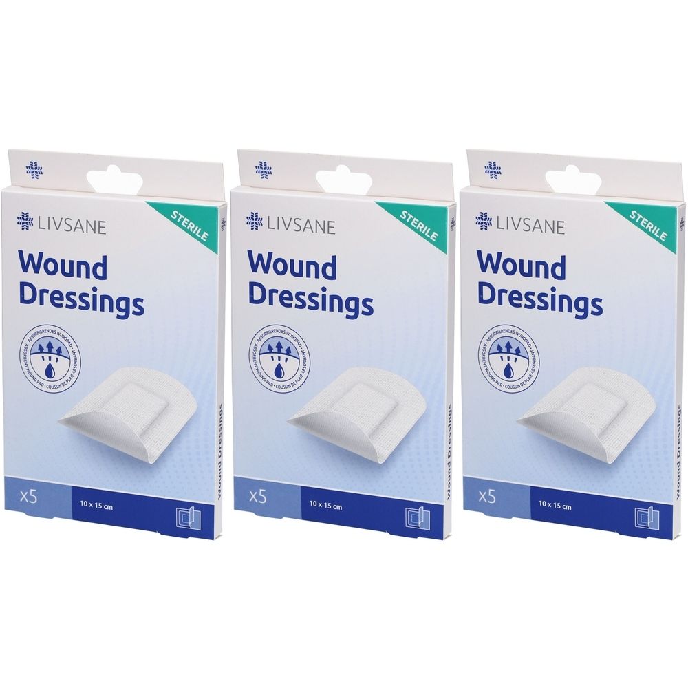 Trois boîtes de pansements. Chaque boîte indique "LIVSANE", "Wound Dressings", "Sterile" et "x5". Taille : 10 x 15 cm.