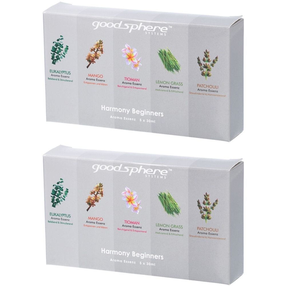 Twee productverpakkingen. Opschrift: good sphere, Harmony Beginners. Afbeeldingen van planten en productnamen: Eucalyptus, Mango, Toman, Lemongrass, Patchouli.
