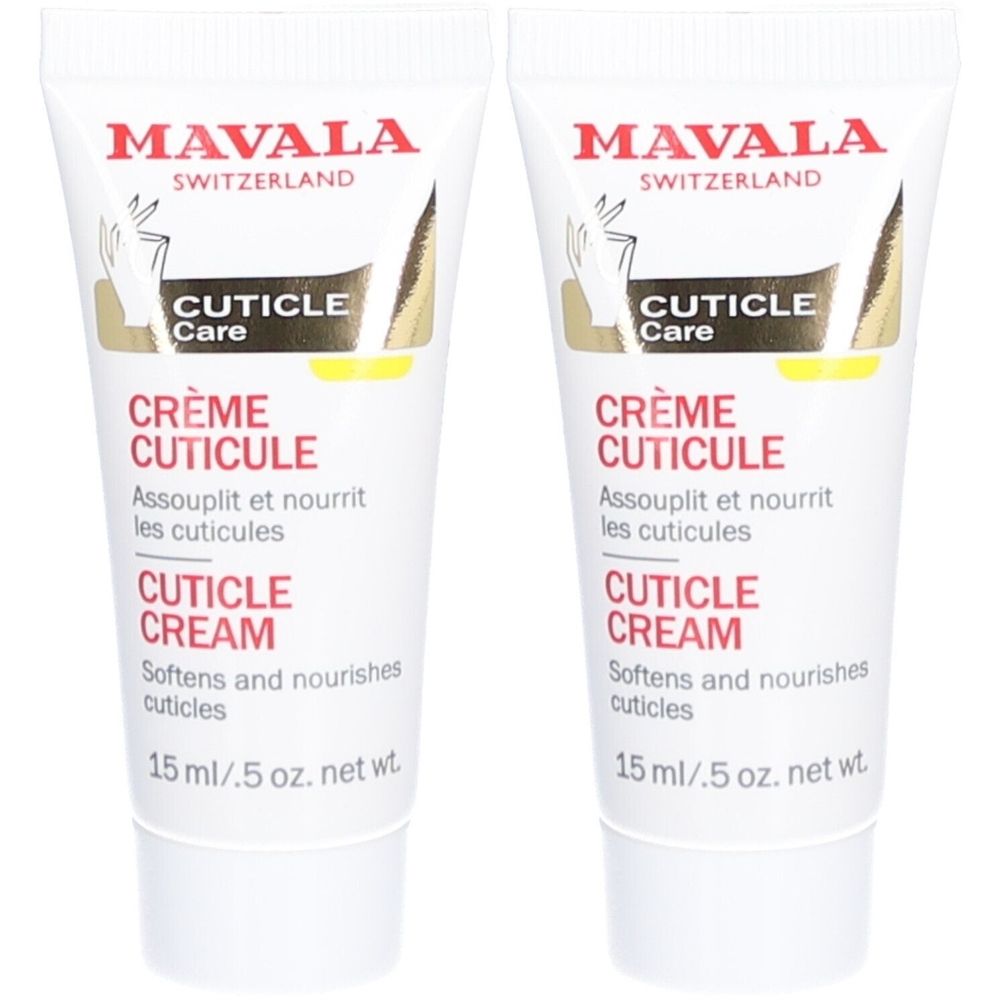 Twee tubes Mavala Nagelhuidcrème. Wit, met rode en gouden tekst. Opschrift: Crème Cuticule, Cuticle Cream.