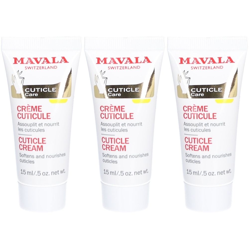 Drie tubes Mavala Cuticle Cream. Witte tubes met rode en gouden tekst. Tekst: Crème Cuticule, Cuticle Cream.