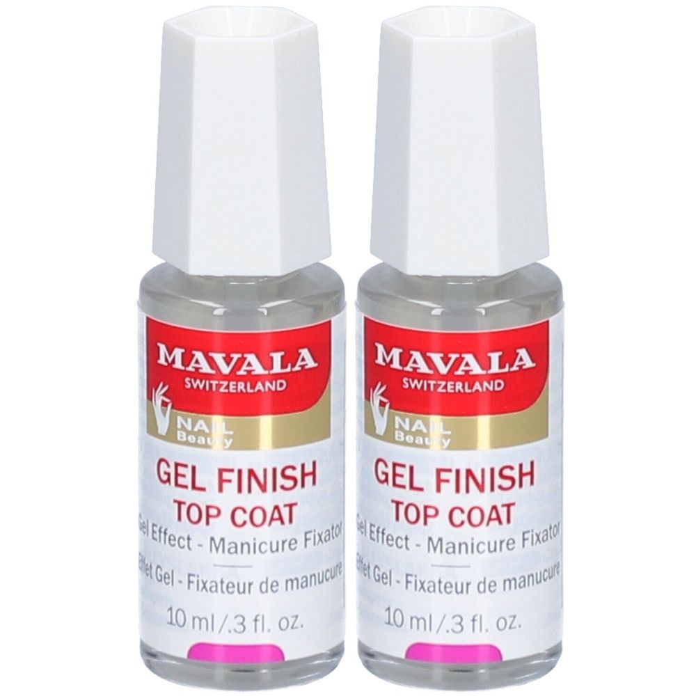 Deux flacons de Mavala Gel Finish Überlack. Liquide clair dans des flacons en verre avec bouchon blanc. Étiquette rouge avec logo et nom du produit.