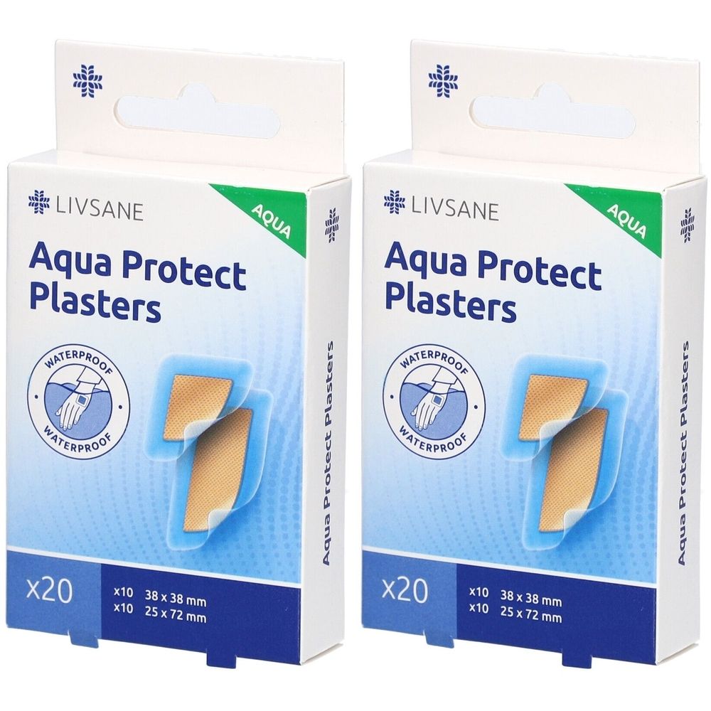 Twee verpakkingen LIVSANE Aqua Protect pleisters. Op elke verpakking zijn pleisters afgebeeld. Opschrift: x20, x10 38x38 mm, x10 25x72 mm.
