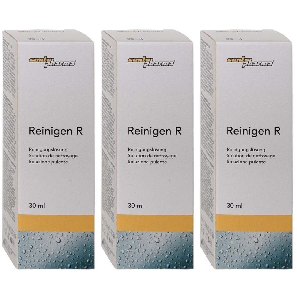 Drie witte dozen met productopdruk. Opschrift: contopharma Reinigen R, Reinigingsoplossing, 30 ml.