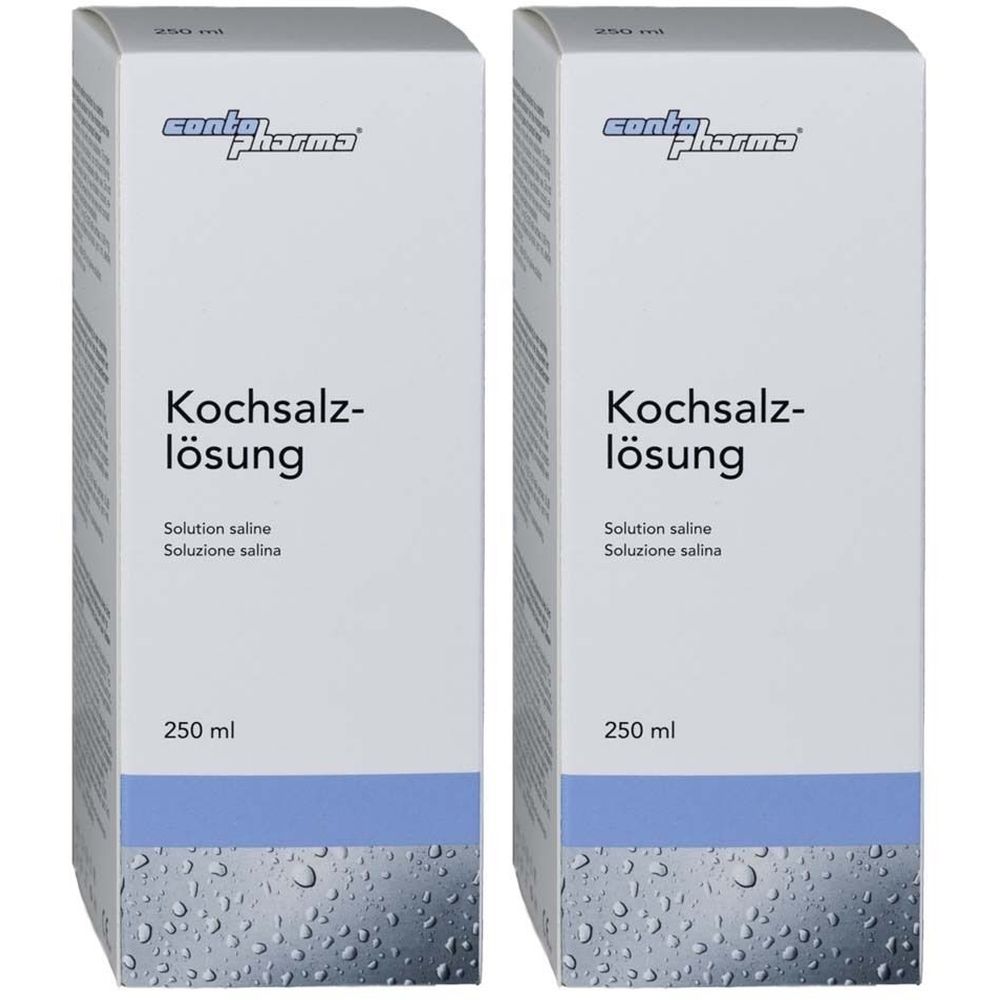Twee witte dozen met blauwe markering. Opschrift: Kochsalzlösung, Solution saline, Soluzione salina. contopharma® logo.
