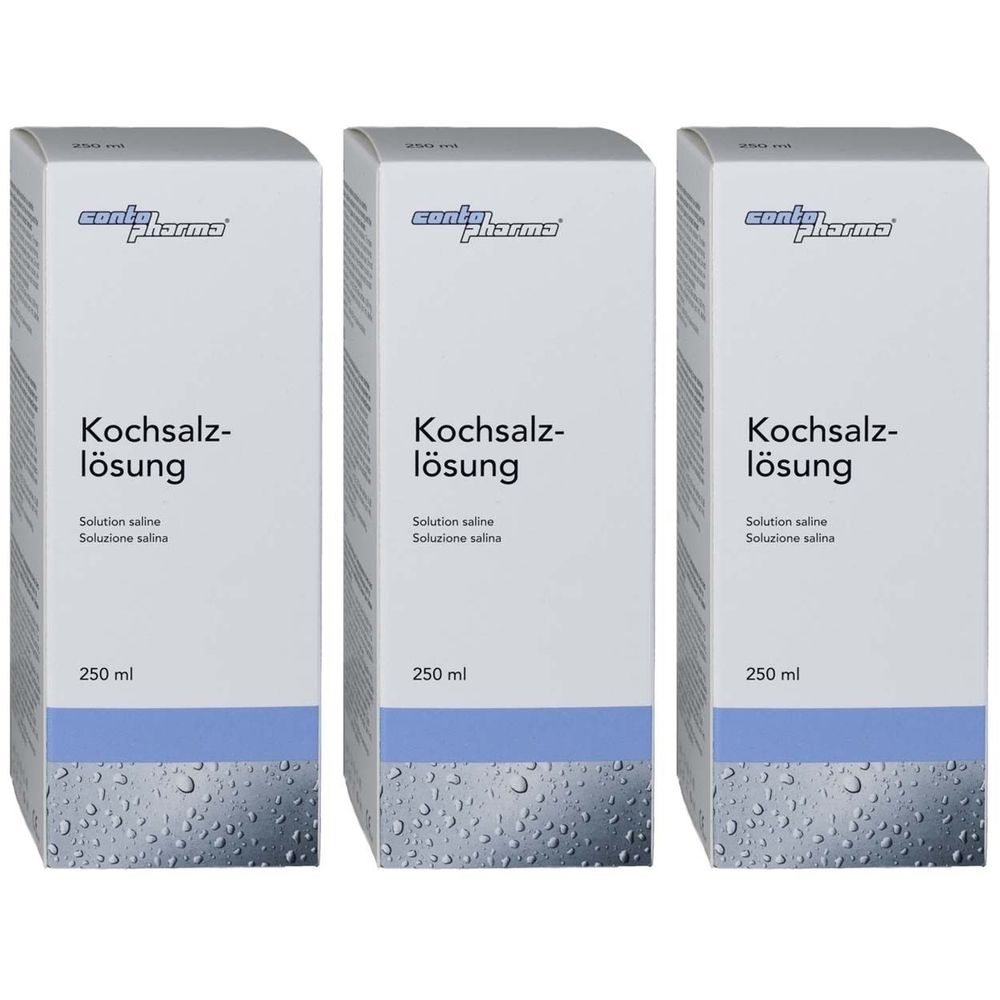 Drie dozen met zoutoplossing. Opschrift: contopharma, Kochsalzlösung, 250 ml. Blauwe horizontale lijn en waterdruppelontwerp.