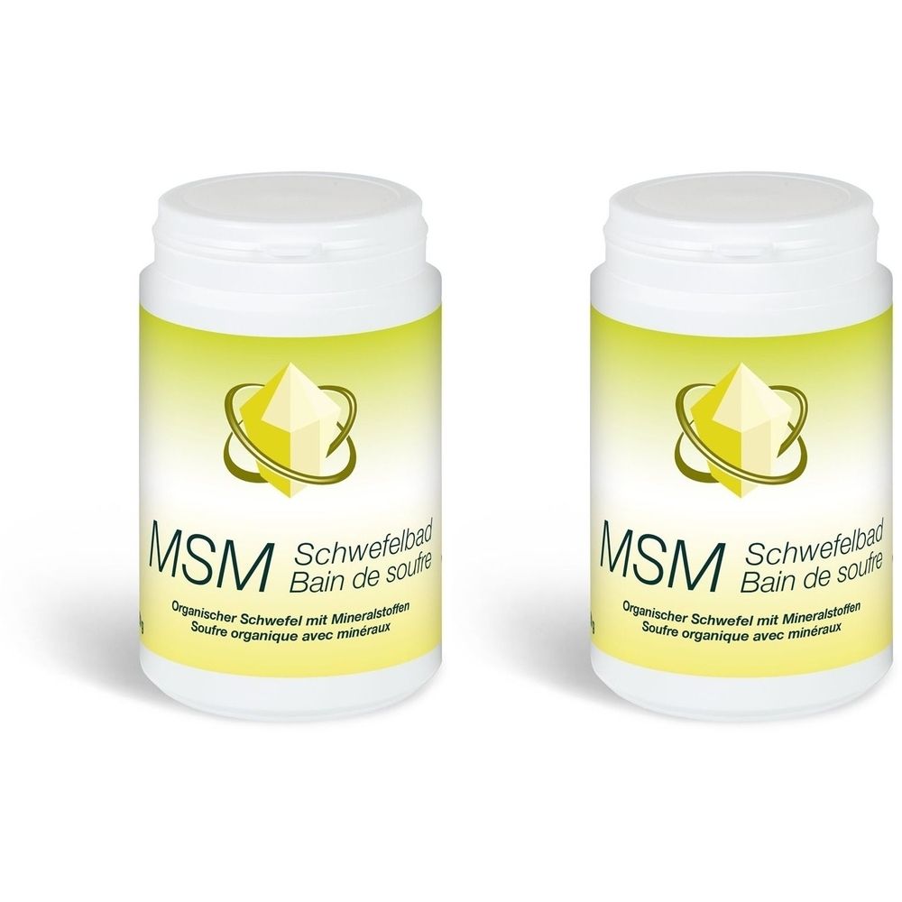 Twee witte potten met gele etiketten. De etiketten tonen "MSM Schwefelbad" en een logo. De potten hebben witte deksels.