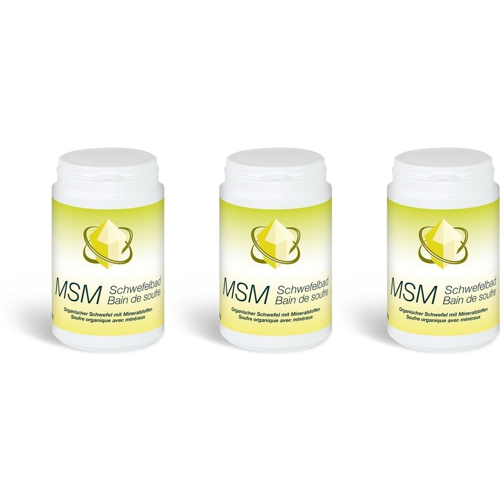 Drie witte potten met gele etiketten. Opschrift: MSM, Schwefelbad, Bain de soufre. Organische zwavel met mineralen.