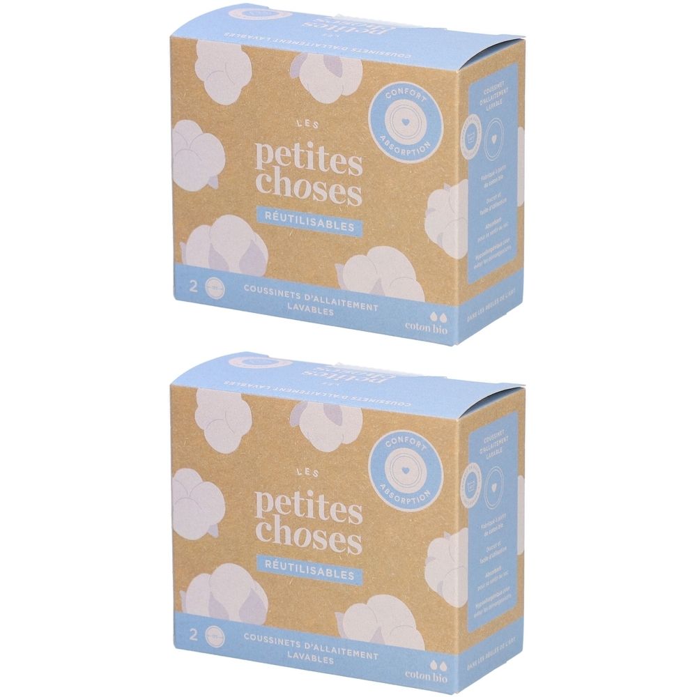 Twee dozen zoogcompressen. Opschrift: LES PETITES CHOSES, REUTILISABLES. Blauwe en bruine verpakking met katoen illustraties.