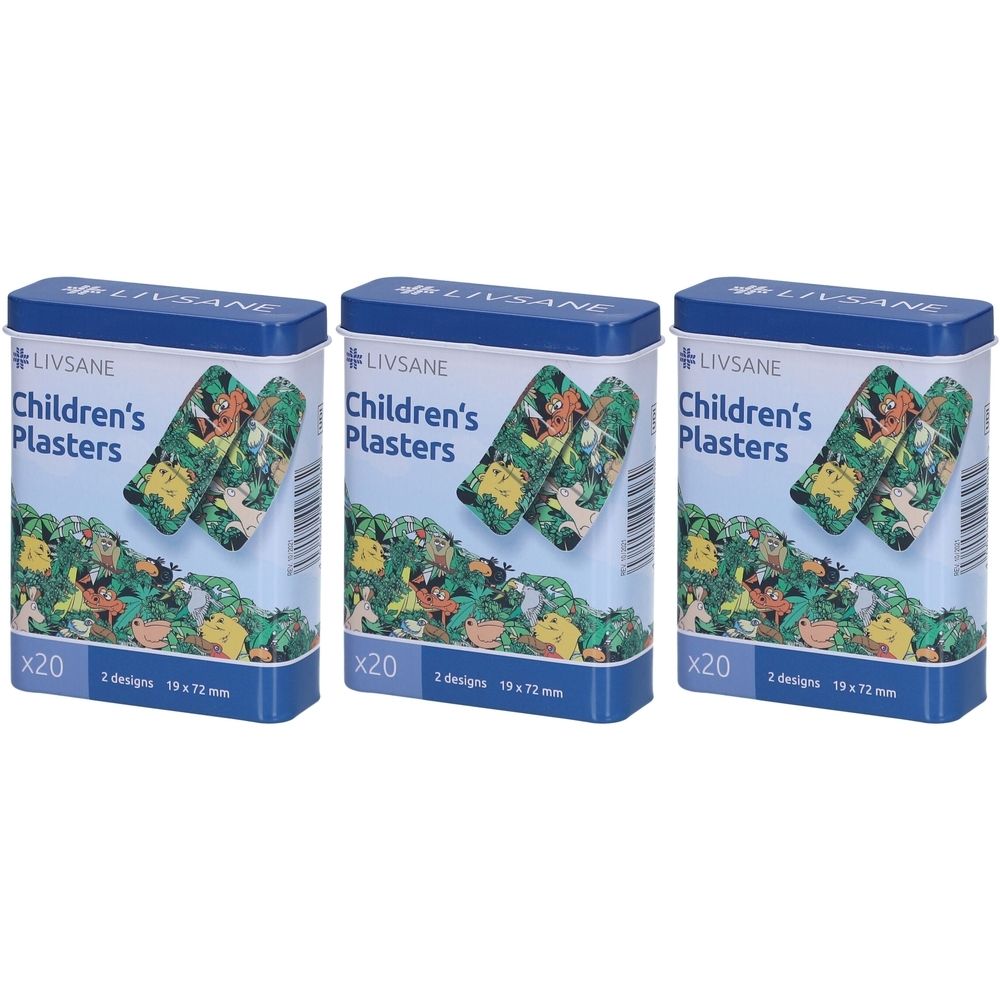 Drie rechthoekige metalen dozen met blauwe deksels. Opschrift: LIVSANE, Children's Plasters. Pleisters met jungle-motief, 19 x 72 mm.
